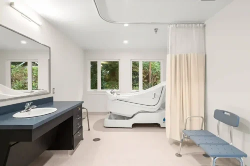 Spacious, brightly lit bathroom with white walls features a modern, accessible bathtub, a dark blue vanity with a sink, and a shower chair.