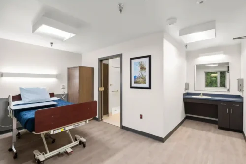 Hospital room with a single bed adorned with blue bedding, a bedside cabinet, and a framed landscape picture. Bright, clean, and minimalist design.