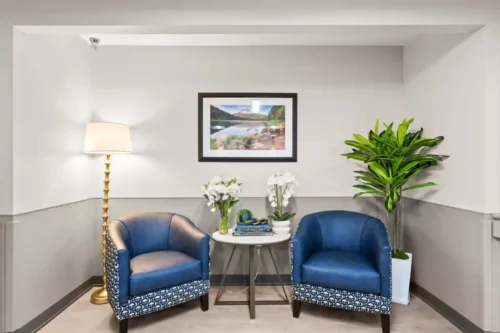 Two blue armchairs flank a small round table with books and flowers. A tall lamp on the left and a potted plant on the right. A landscape photo hangs above, adding a calming touch.
